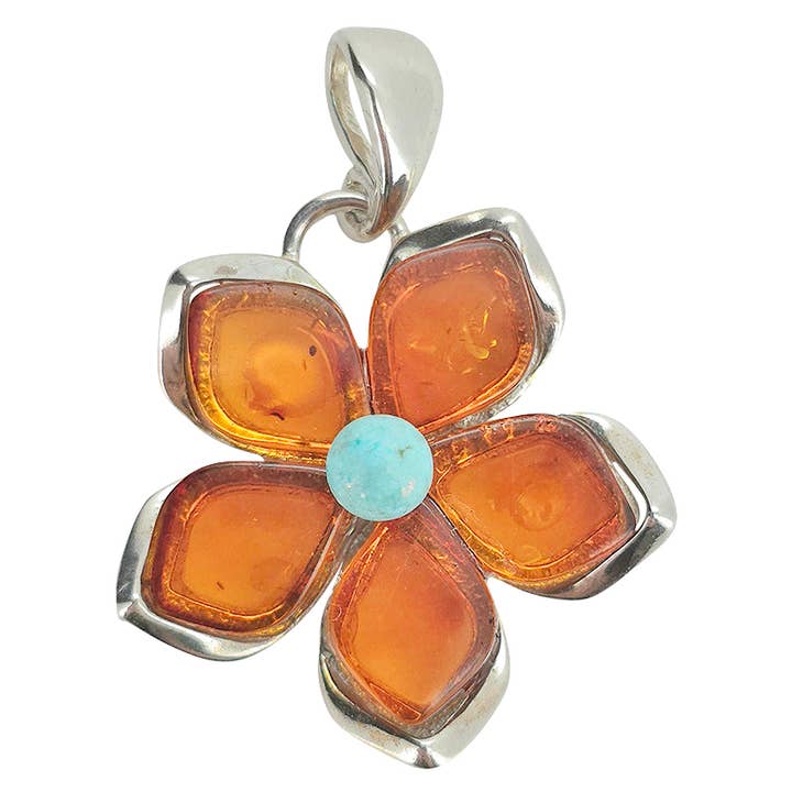 Pendentif Fleur Cognac Ambre / Turquoise pour la vente par Amberman