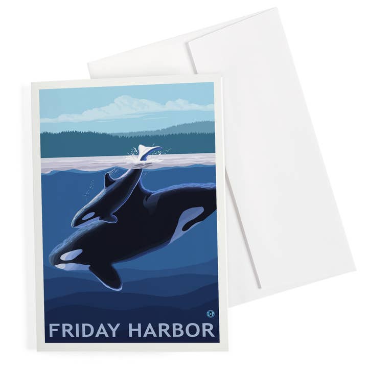 GREETING CARD Friday Harbor, WA, Orca & Calf for wholesale by Lantern Press