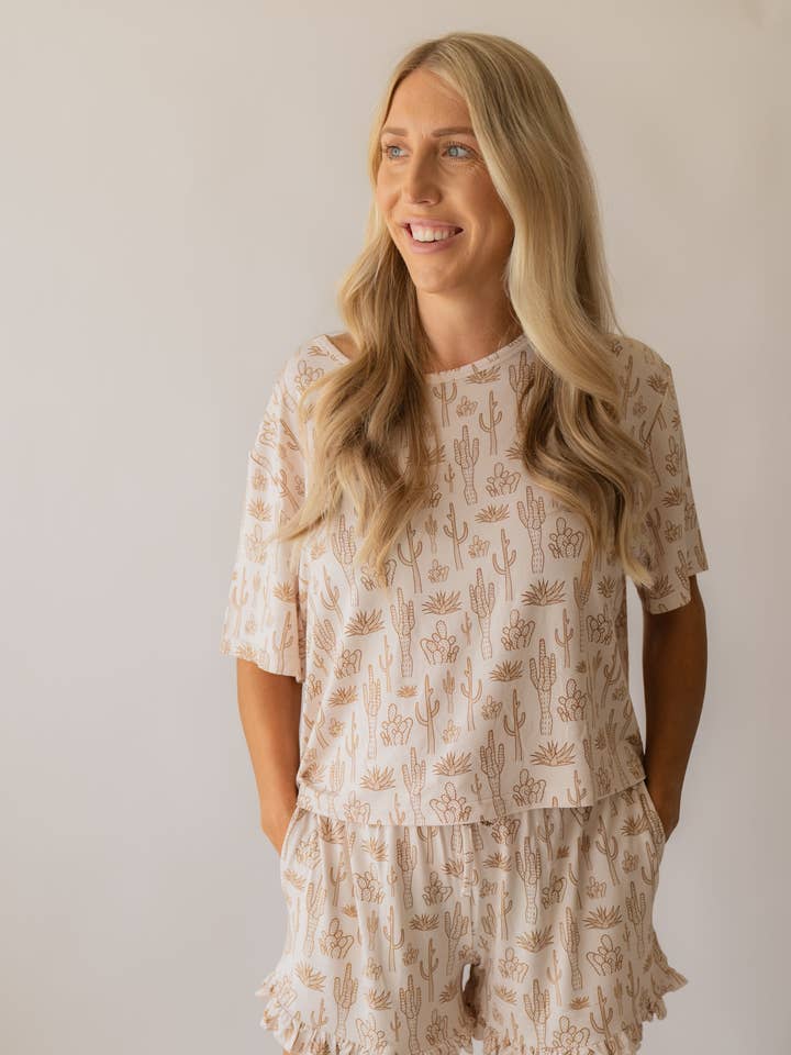 Conjunto Curto de Bambu para Mulheres Adultas | Cream Cactus 2 por atacado de Annie Bean & Co