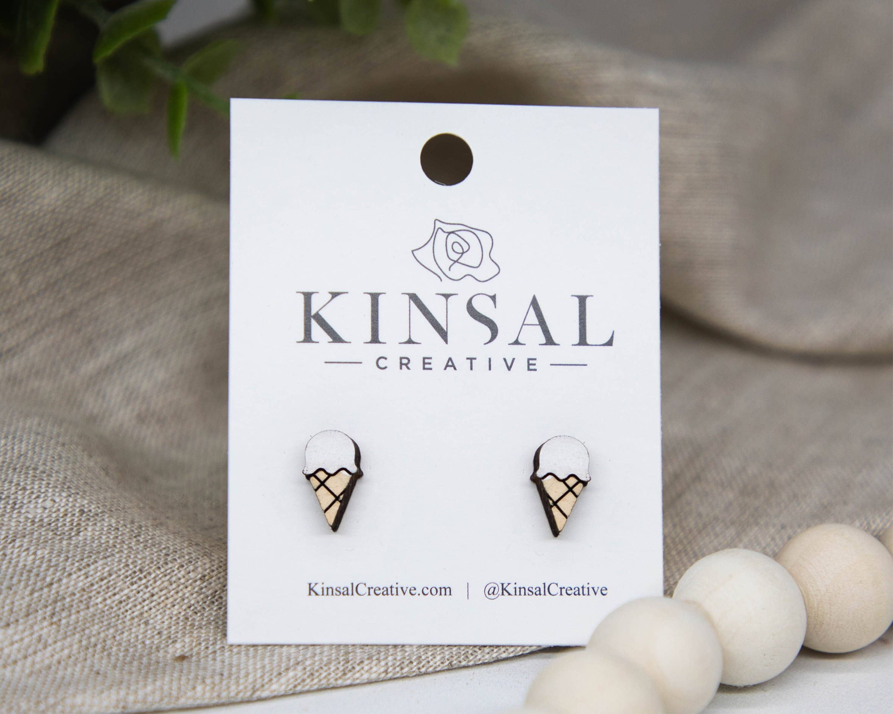 Kinsal Creative – wholesale Stud/post earrings – Ice Cream Waffle Cone Wood Stud Earrings7