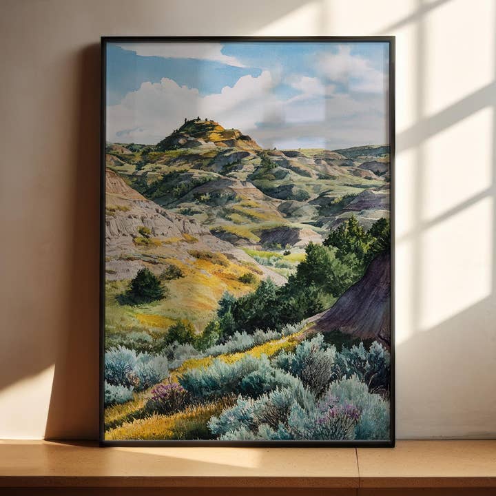 Theodore Roosevelt Nationaal Park Aquarel Kunst Noord-Dakota Reisprint Medora ND Kunst Noord-Dakota Kunstwerk Theodore Roosevelt NP Muurkunst voor wholesale door Premium Travel Art