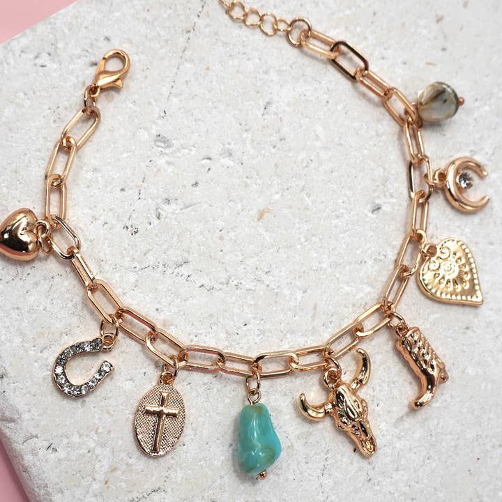Gold CHARM BRACELET-WESTERN BOOT BULLHEAD STONE | 80B1291 for wholesale on Faire1