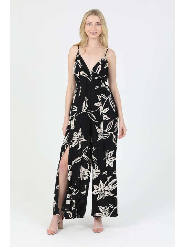 ANGIE - Wholesale Jumpsuit - Women's - B5957-W921 V NECK SLIT LEG JUMPSUIT FLORAL PRINT