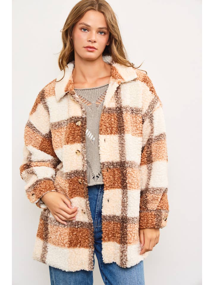 Mustard Seed - Wholesale Shirt Jacket/Shacket - Women's - BOUCLE TEXTURED PLAID SHIRT JACKET