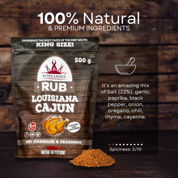 Lukata LTD – wholesale Rub – Poppamies Louisiana Cajun BBQ Rub - 100% Naturlig BBQ-krydda - Torr marinad & kryddor. Särskilt lämplig för kyckling och skaldjur - Utmärkt i grill, ugn, broiler och panna - Stor förpackning (500g)3