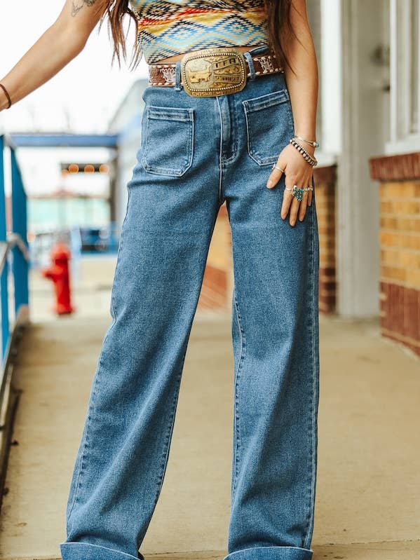 Pantalones vaqueros de talle alto Plus Mid Wash con bolsillo delantero (85 cm) para venta al por mayor de LUCKY & BLESSED