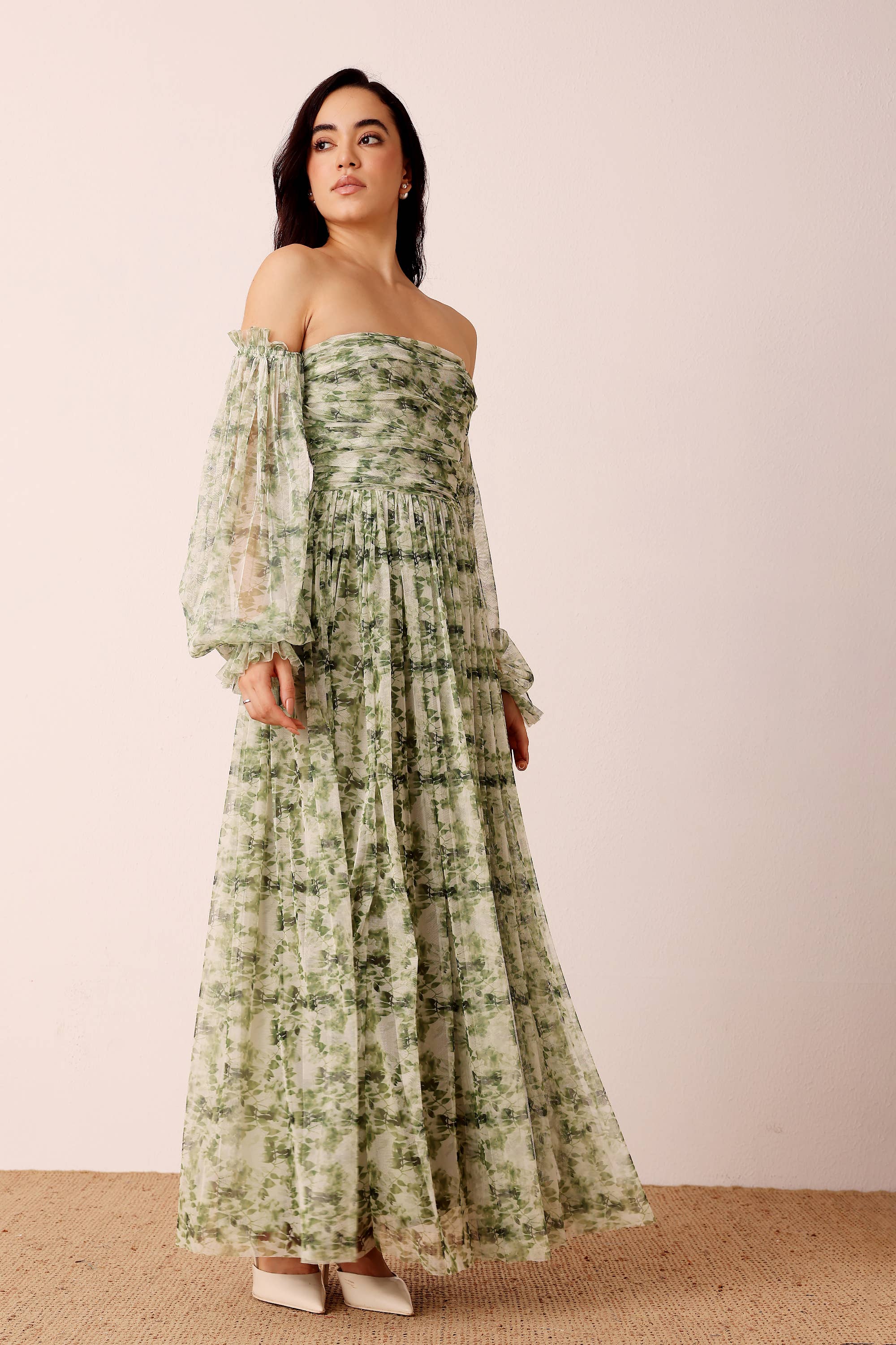Lana Green Floral Printed Tulle Dress for wholesale on Faire2
