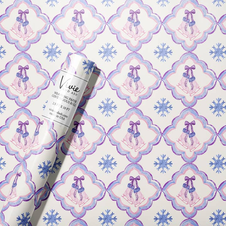Blue Snowflakes and Ice Skates Wrapping Paper Roll for wholesale by Vivie and Ash
