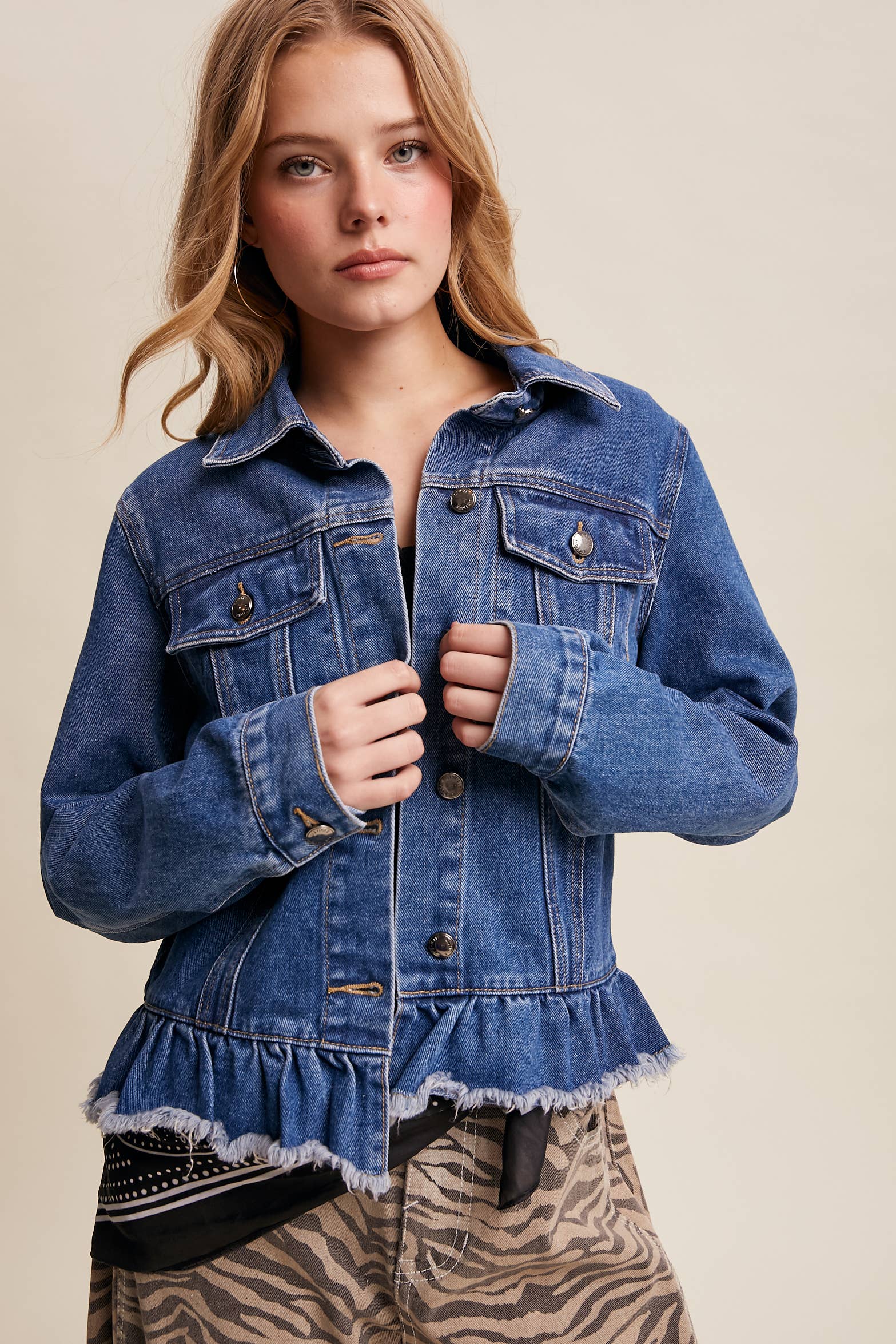 Listicle - Wholesale Denim Jacket - Women's - Ruffled Hem Denim Jacket LJ023620