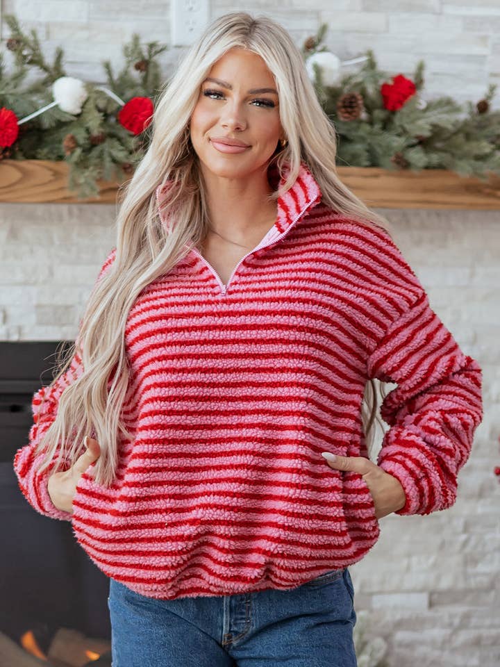 Stripe Fleece Quarter Zip Oversize Sweatshirt for wholesale by PRETTY BASH