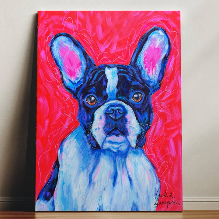Impression sur toile de Frenchie noir et blanc - Peinture d'art de chien pour la vente par Audra Style