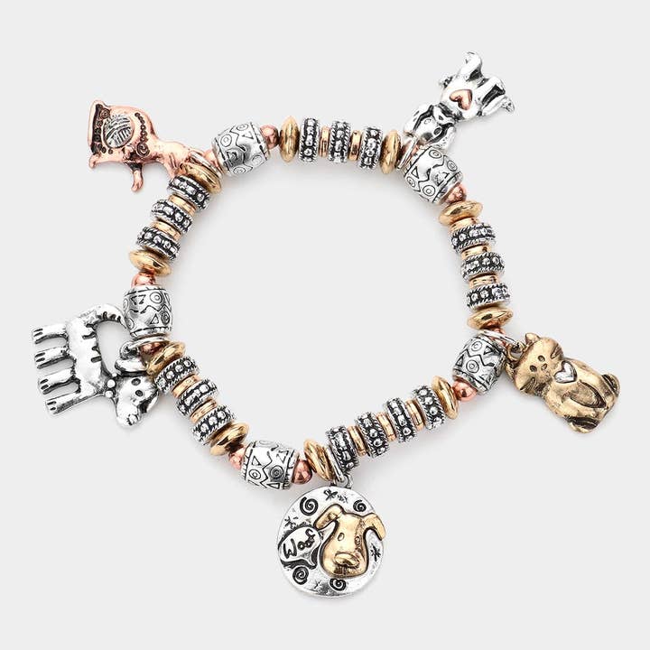 Metal Cat Dog Charm Station Stretch Bracelet for wholesale by Sensibling Corp.