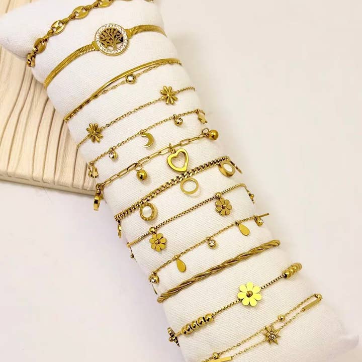 COSMOS - Wholesale Charm/Dangle Bracelet - Set of 12 Gold Stainless Steel Bracelets with Display Stand0