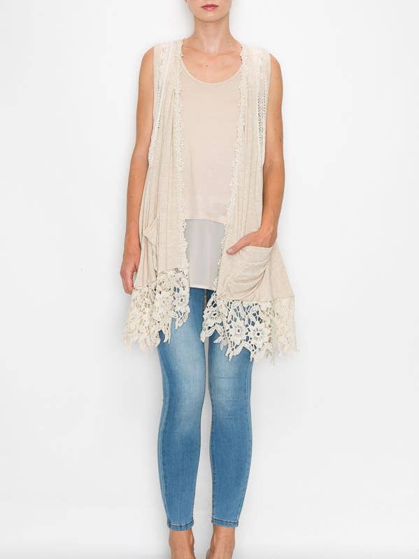 Natural VEST WITH POCKETS AND CHUNKY LACE TRIMMING-4557 BEIGE for wholesale on Faire1