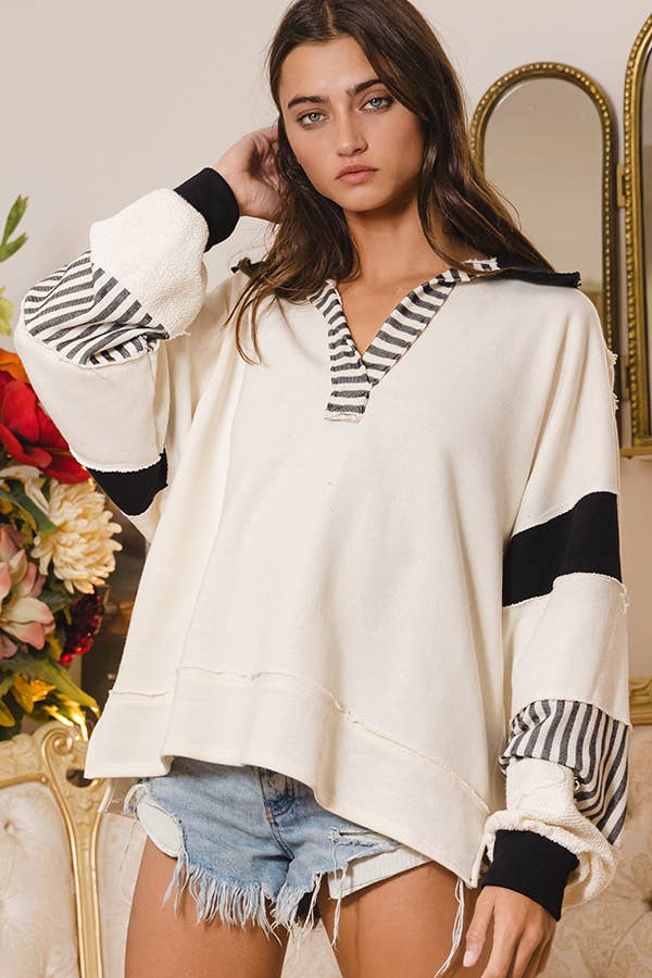 BUCKETLIST INC - Wholesale Knit Top - Women's - T2004 French Terry Knit Color-block Collared Loose Fit Top9