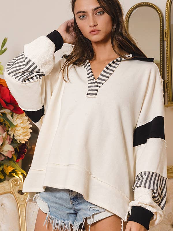 BUCKETLIST - Wholesale Knit Top - Women's - T2004 French Terry Knit Color-block Collared Loose Fit Top21