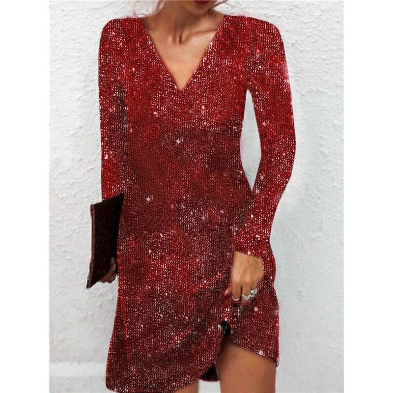 kycozy - Wholesale Dress - Women's - V-Neck Sequin Long Sleeve Short Dress4
