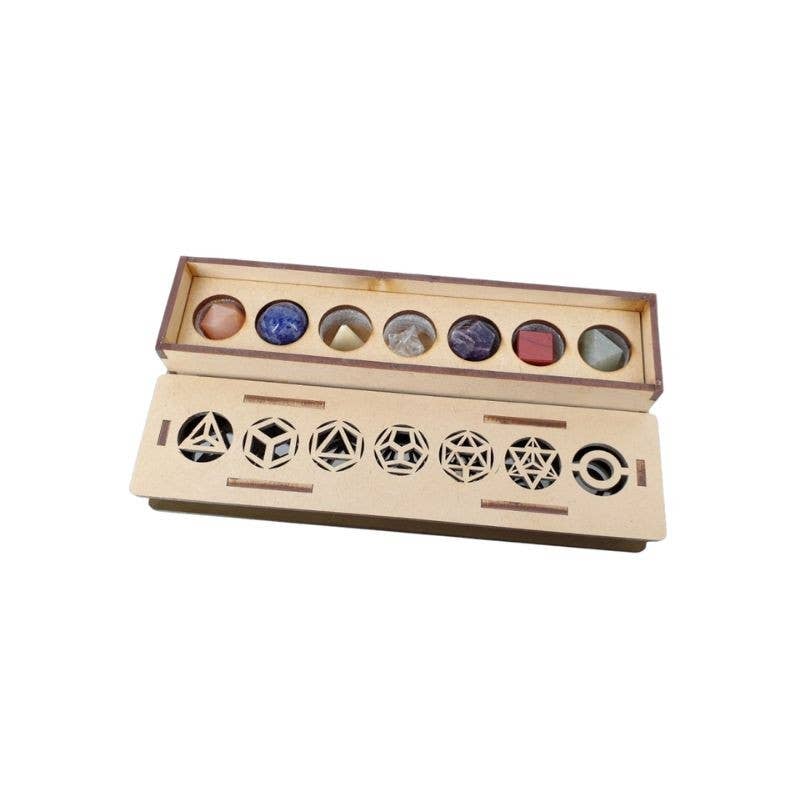 Casa Lotus - Wholesale Spiritual Stone/Crystal - Set of 7 Platonic solids of the Chakras with wooden case1