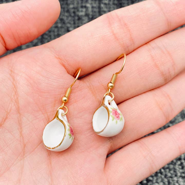 Mio Queena - Wholesale Dangle Earrings - Pink flower Ceramic Teapot & Tea Cup Charm Dangle Earrings