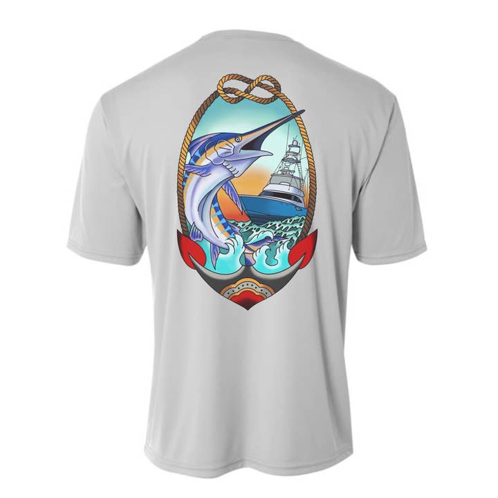 FISH ON!!! Marlin UPF 50+ Performance Short Sleeve Shirt for wholesale by On The Fly Artworks