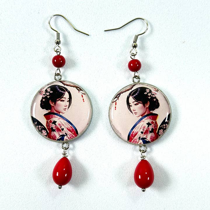 Wood and Resin Earrings - Geisha silver and red for wholesale by 4everyday Handmade