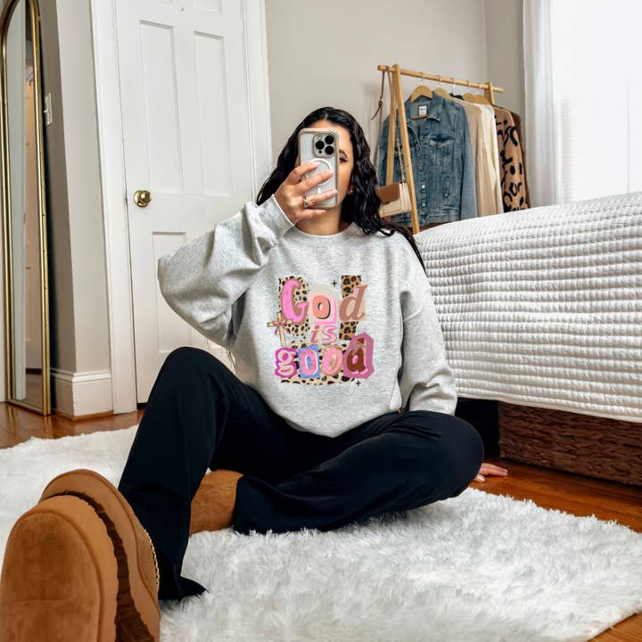 God is Good Retro Print Faith Based Crewneck or Tee for wholesale by The Foxy Golden