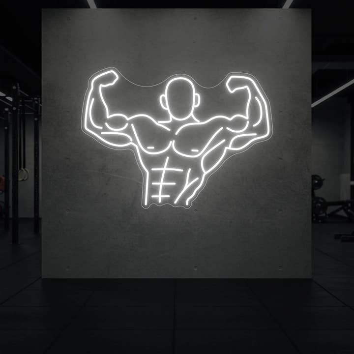Enseigne au néon LED représentant un homme musclé fléchissant tout le haut de son corps. pour la vente par Light Your Way
