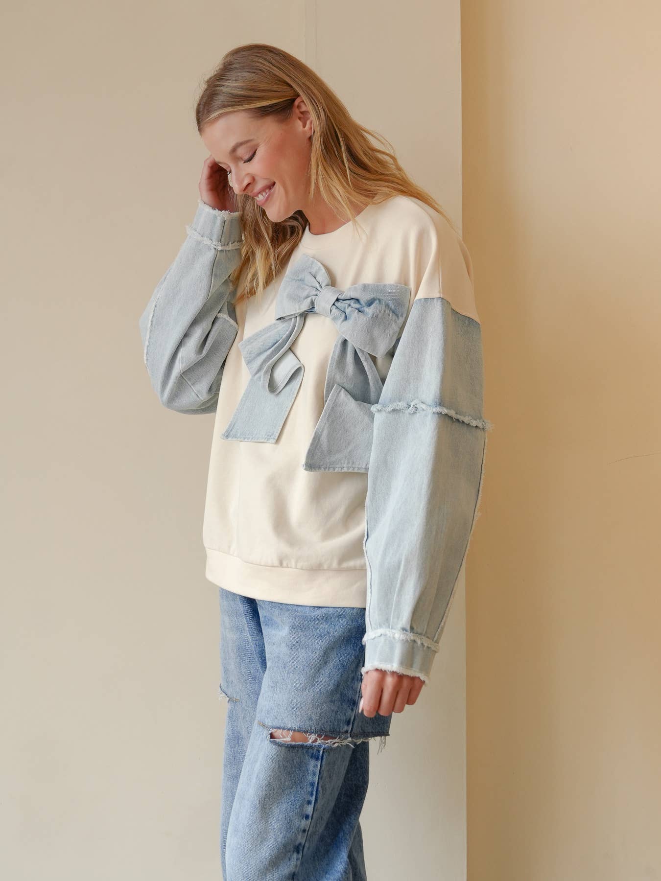 TRENDILITY - Wholesale Sweatshirt - Women's - TR2027-04_Mineral Washed Denim Bow Sweatshirt Top18