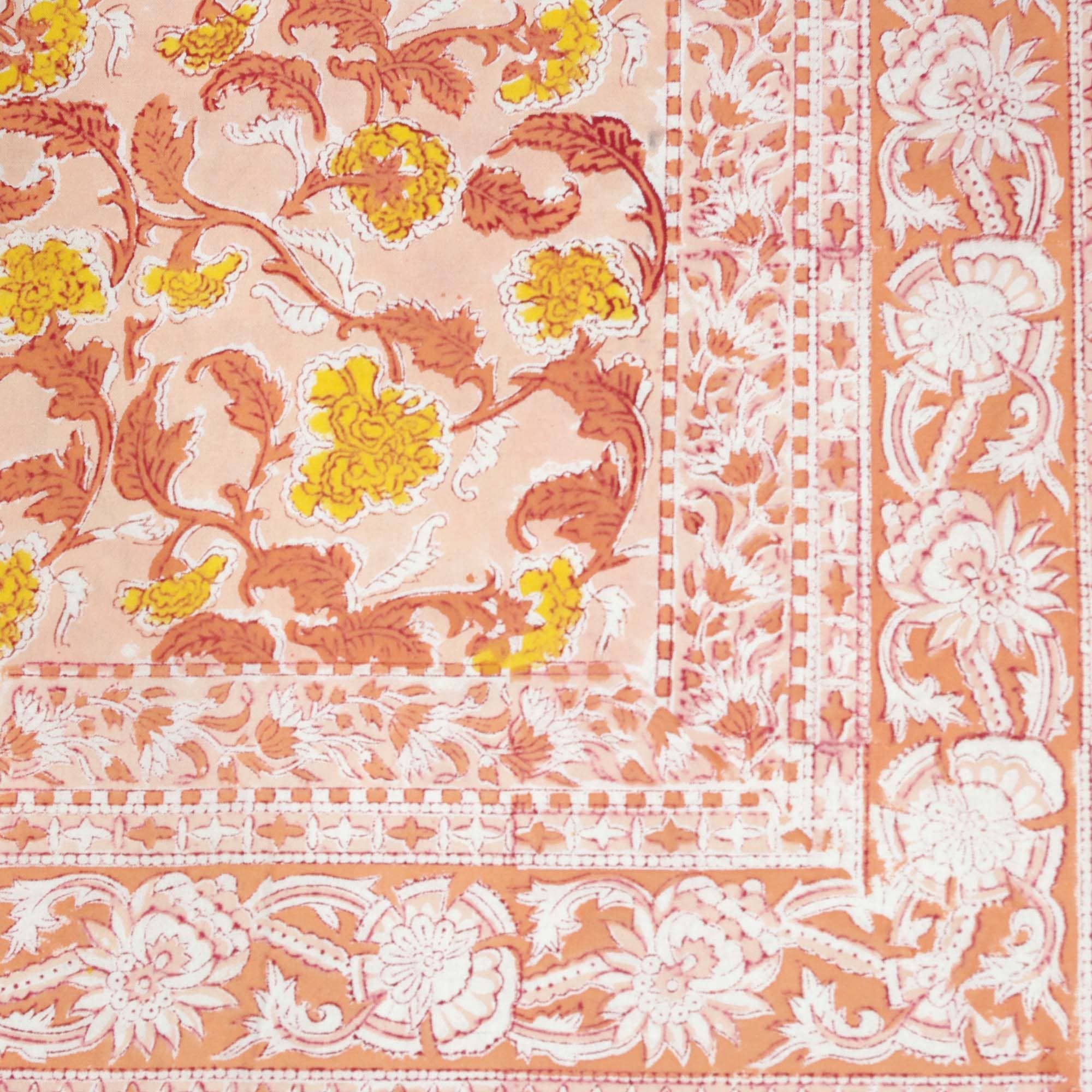 Kantha Decor – wholesale Tablecloth – 6 Seater Block Printed Rectangular Tablecloth - Peach Floral1