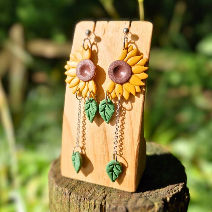 Half Sunflower & Leaf Polymer Clay Hypoallergenic Drop Studs for wholesale by Green Grove Designs