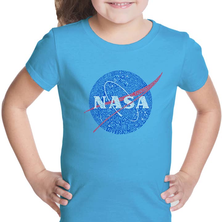 LA Pop Art – Großhandel T-Shirt mit Siebdruck – Kinder – Wortkunst-T-Shirt für Mädchen - Die bemerkenswertesten Missionen der NASA