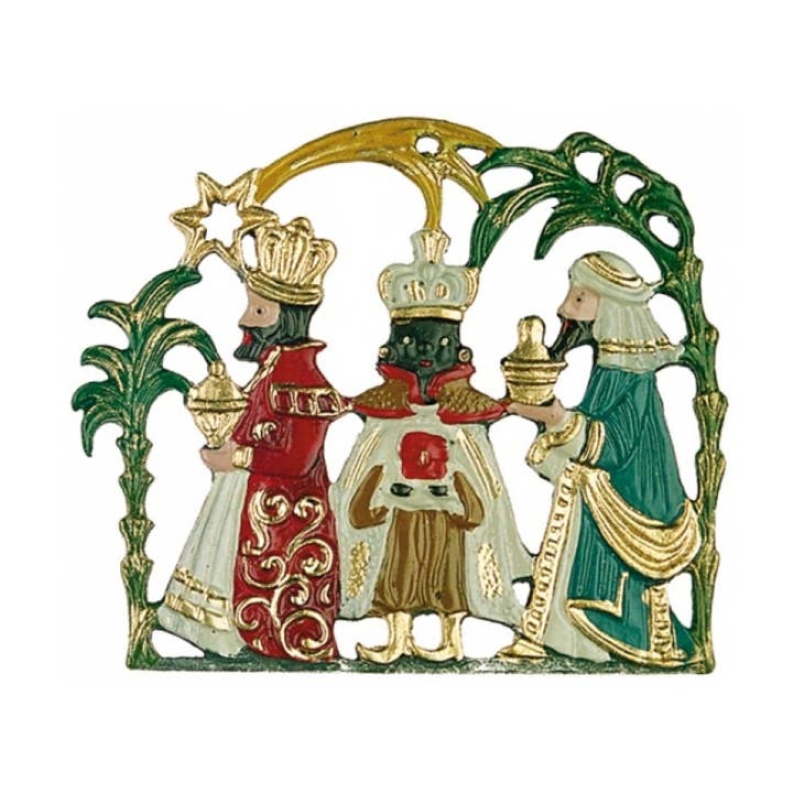 Christbaumschmuck aus deutschem Zinn mit der Geburt der Heiligen Drei Könige für den Großhandel von Pinnacle Peak Trading