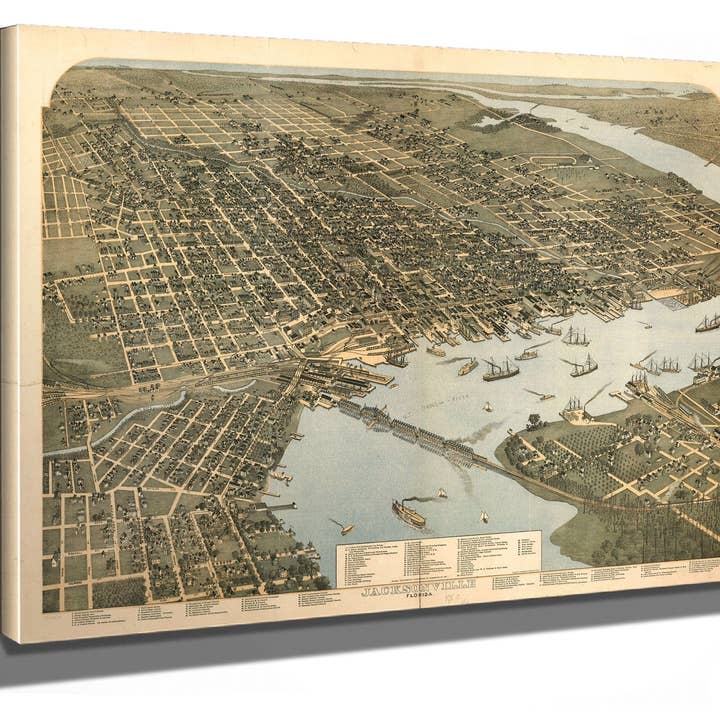 Jacksonville Florida Vintage Map Wall Art - Bird's Eye View City Canvas Art for wholesale by Bella Frye