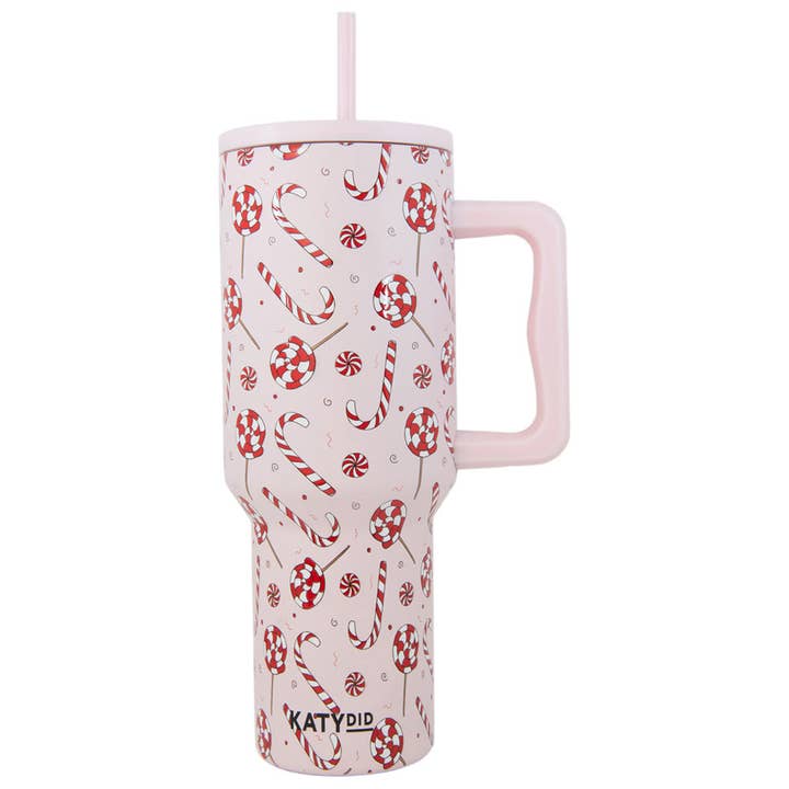 Light Pink Candy Canes Christmas Tumbler Cup w/ Handle for wholesale on Faire