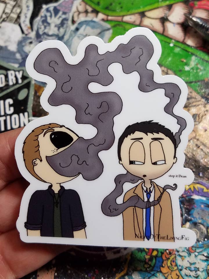 Vinylklistermärke - Demon Dean och Castiel - Vattenflaska Laptop Scrapbook Planner Bujo Gift Vattentät Matt eller Holo för wholesale av Misty Figs