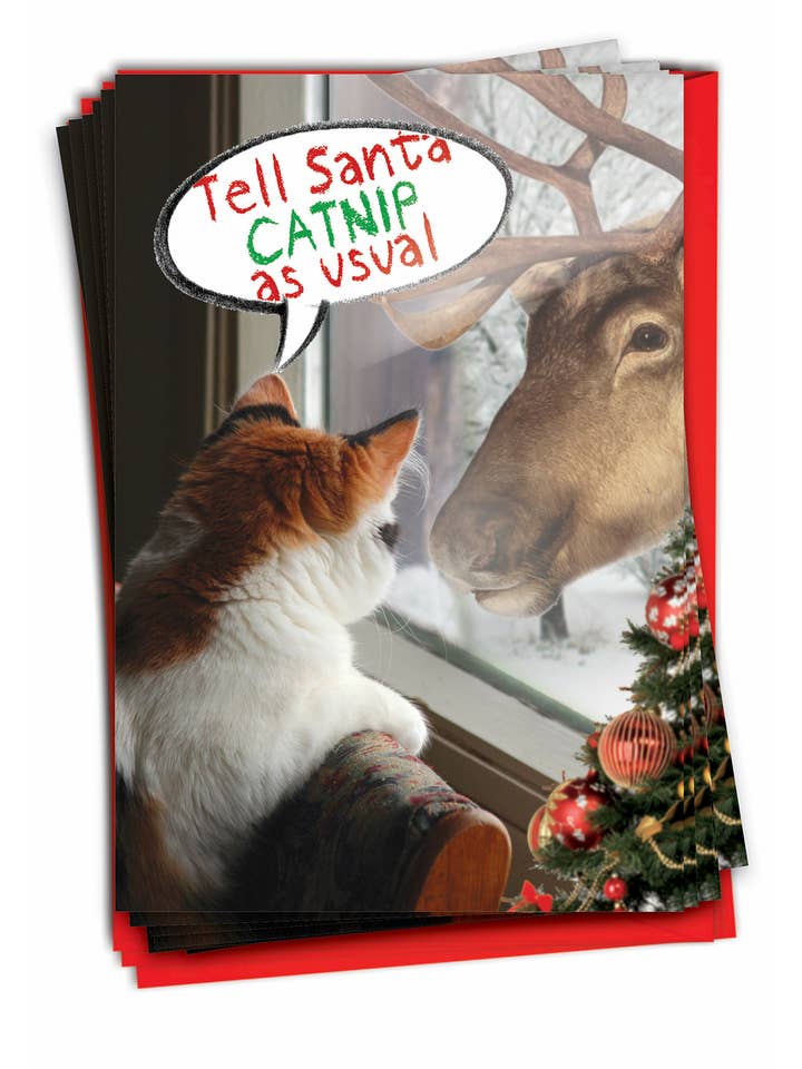 Box of 12 Christmas Card - I Want Catnip for wholesale by NobleWorks