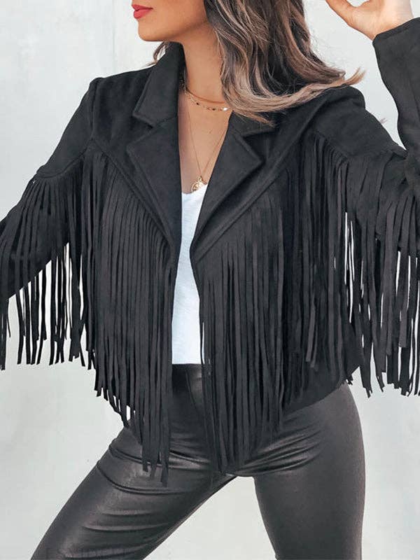 Plush Looks - Wholesale Jas - Dames - Effen gekleurde jassen met ruches en kwastjes met lange mouwen6