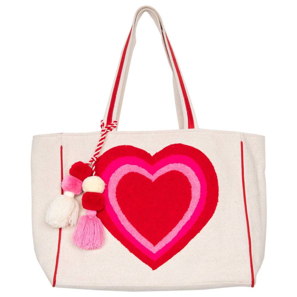 Beige Canvas Beating Heart Chenille Beach Bag Tote for wholesale on Faire6