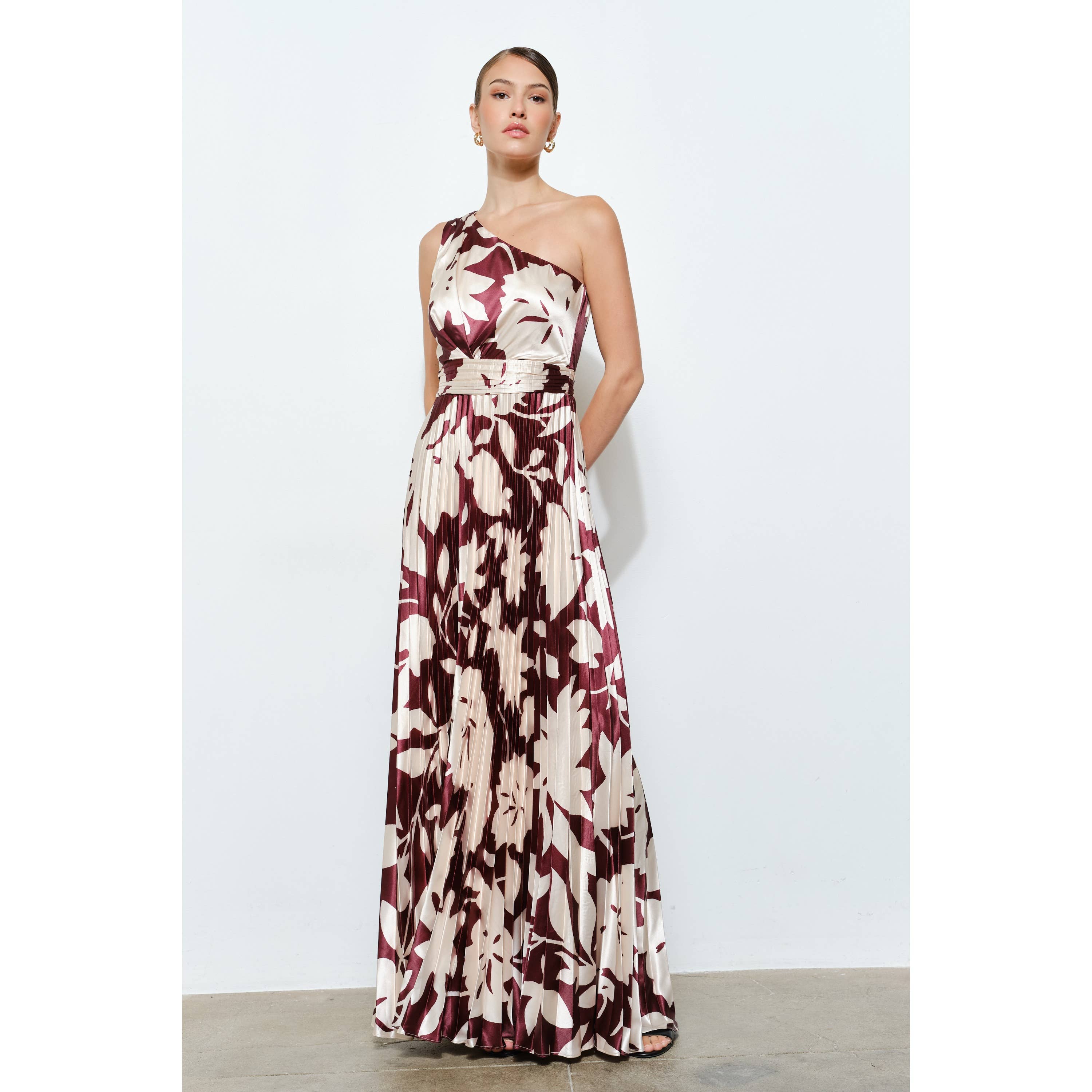 MOCHA MOUSSE One Shoulder Satin Floral Print Pleated Maxi Dress for wholesale on Faire1