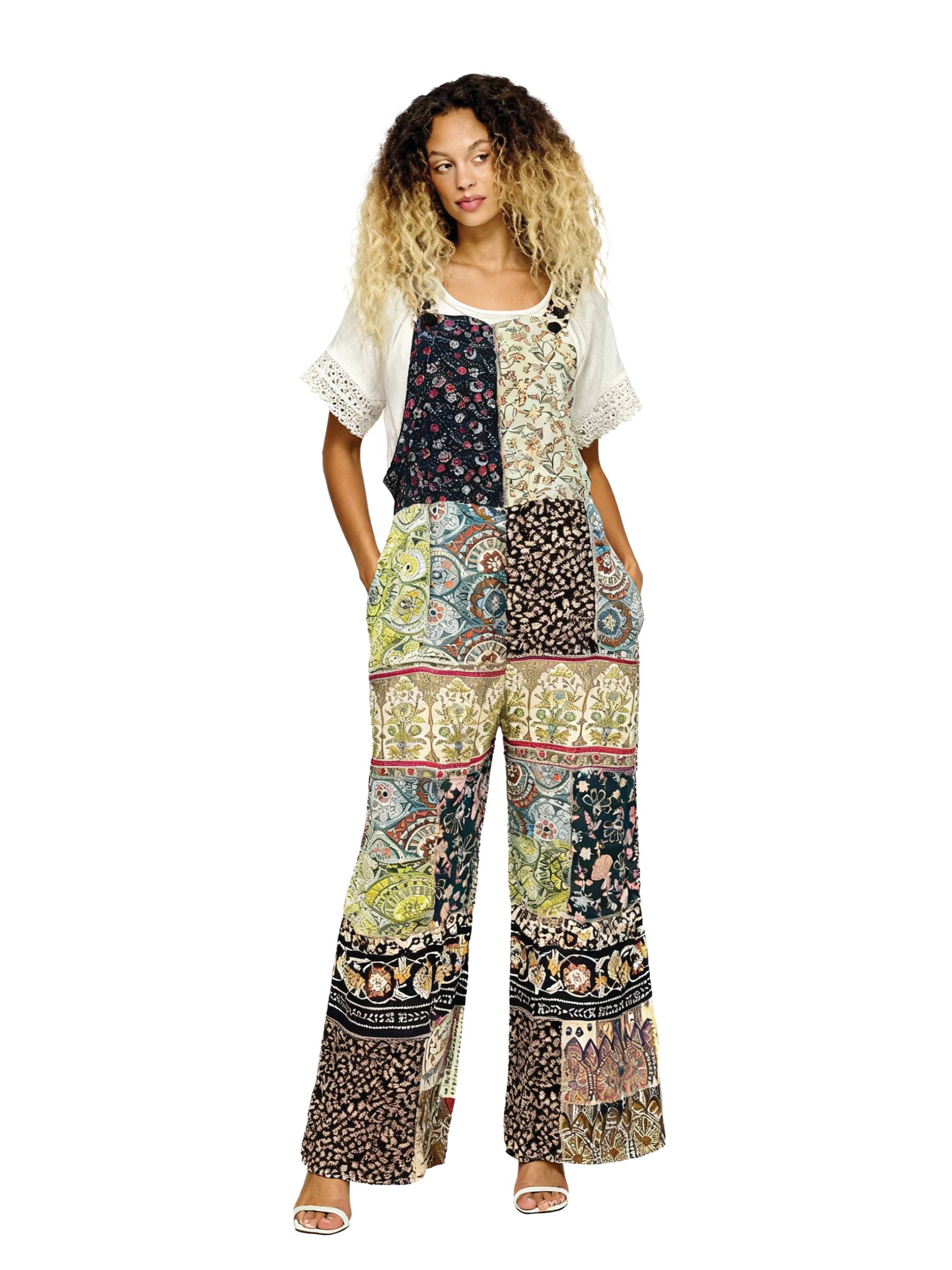 Multi Overall Boho Jumpsuit Patchwork Floral Wide Leg for wholesale on Faire1