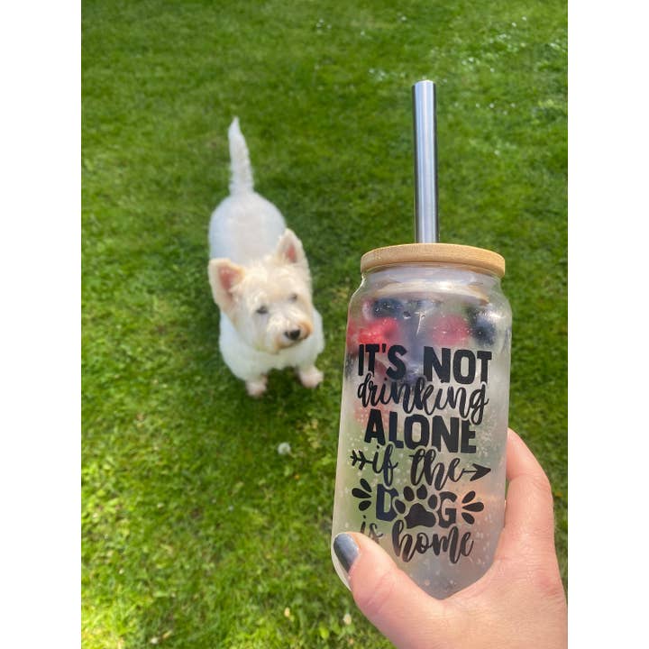 EcoDogDesigns – wholesale Drinking glass/cup – Dog Lovers Drinking Glass With Bamboo Lid & Steel Straw2