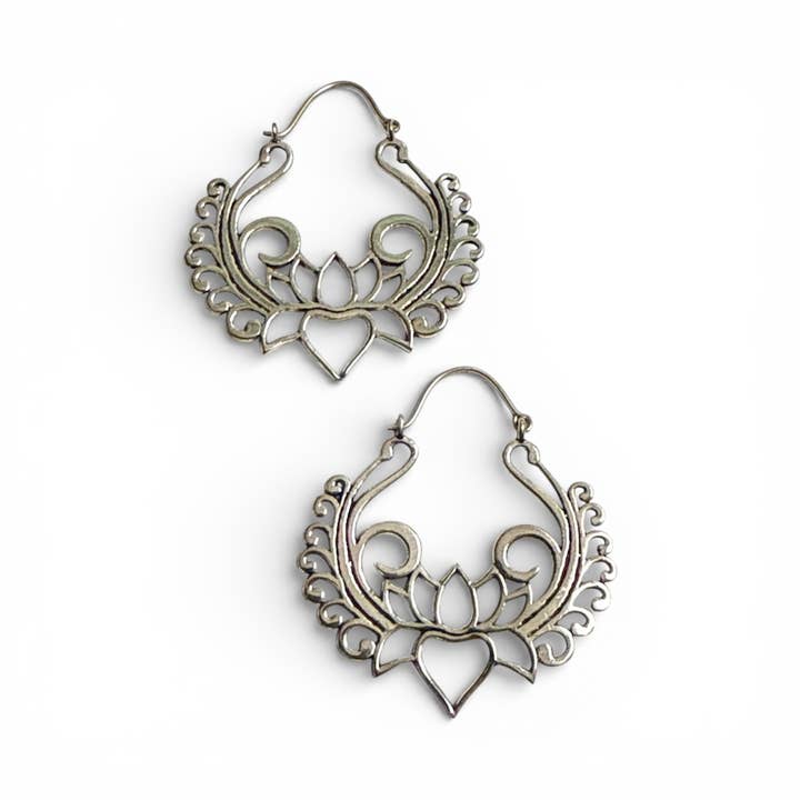 Lotus Flower Hoop Earrings / Sacred Symbolism Tribal Silver for wholesale by JAYA MOKSHA