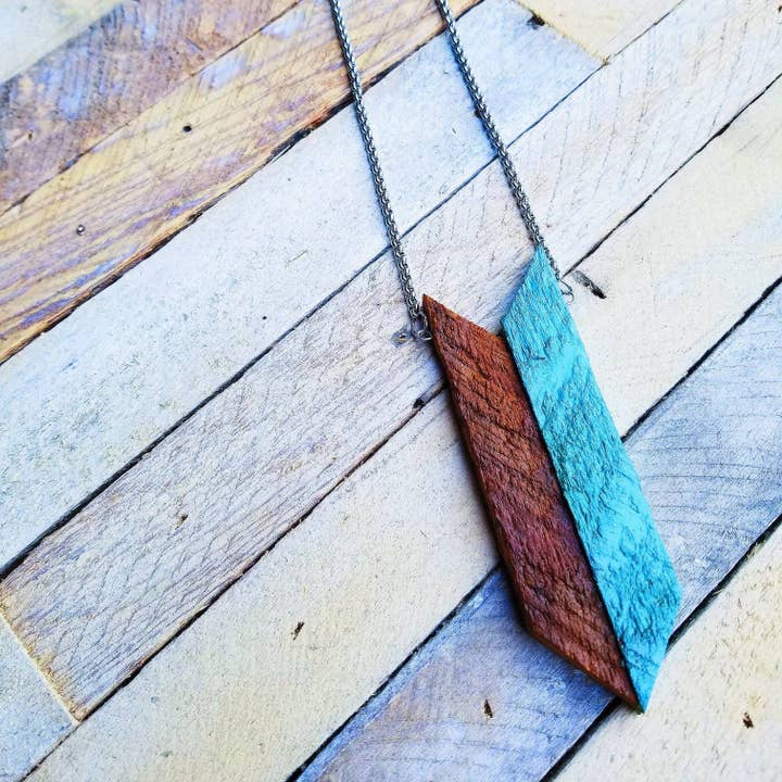 Statement Necklace - Teal - Brown - Reclaimed Wood - Stainless Steel - Arrow for wholesale by Gardenia & Grit