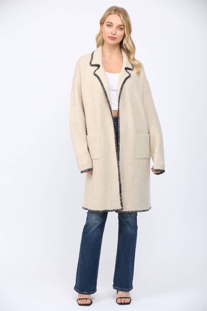 OATMEAL CONTRAST WHIPSTITCH DETAIL NOTCHED COLLAR CW90457 for wholesale on Faire1