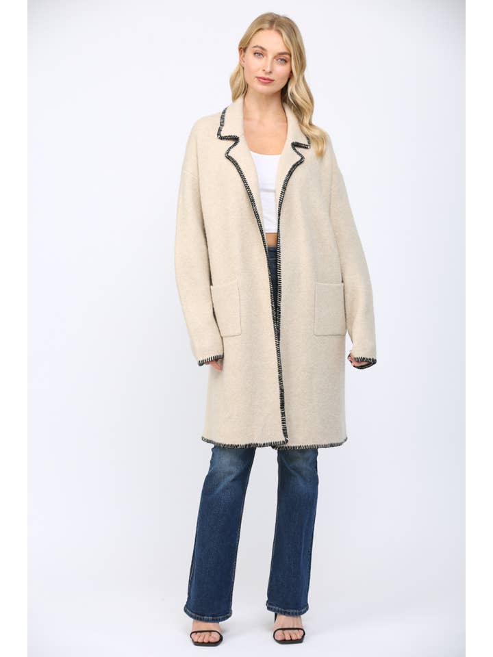 OATMEAL CONTRAST WHIPSTITCH DETAIL NOTCHED COLLAR CW90457 for wholesale on Faire1