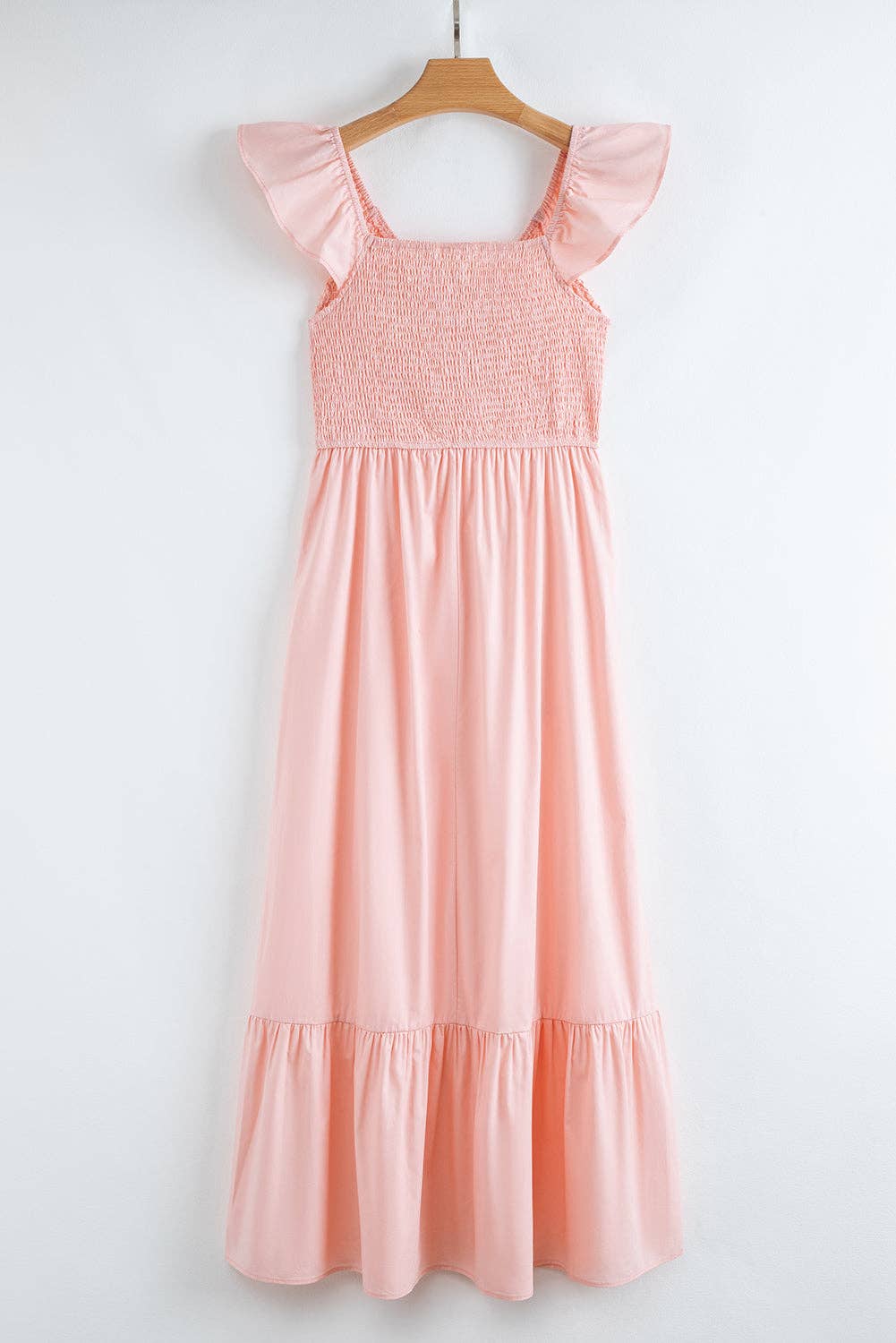 Lovesoft - Wholesale Dress - Women's - Fiery Red V Neck Flutter Sleeve Smocked Bodice High Waist Ruffle Maxi Dress7