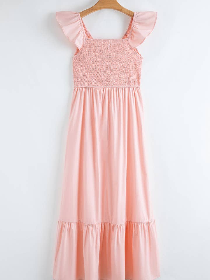 Lovesoft - Wholesale Dress - Women's - Fiery Red V Neck Flutter Sleeve Smocked Bodice High Waist Ruffle Maxi Dress7