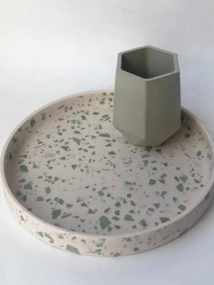 White and Sage Terrazzo Circle Tray Circle Trinket Tray, Cof for wholesale by Coast By Madison