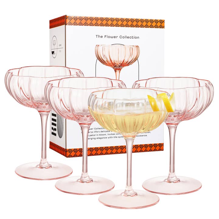 The Wine Savant / Khen Glassware - Wholesale Cocktail/Liquor Glass - Pink Flower Coupe Cocktail Colored Glasses | 4 Set, 7.7 OZ