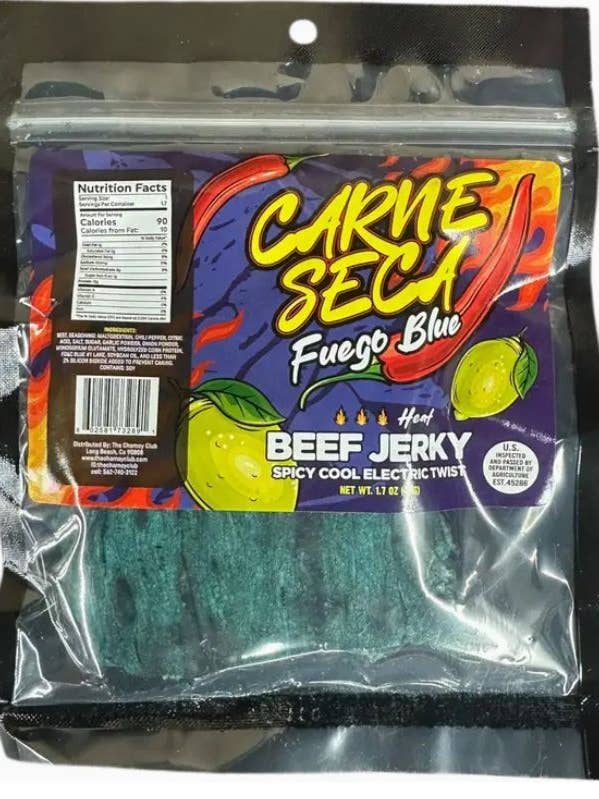 Carne Seca Beef Jerky: Fuego Blue 16 Count for wholesale by Mr. YuYu's Chililicious Candy